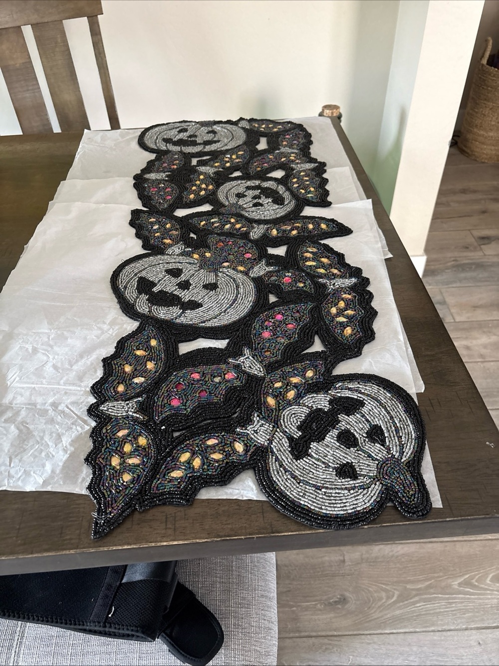 Spooky Halloween Beaded Table Runner Pumpkins Bats 13" X 36"